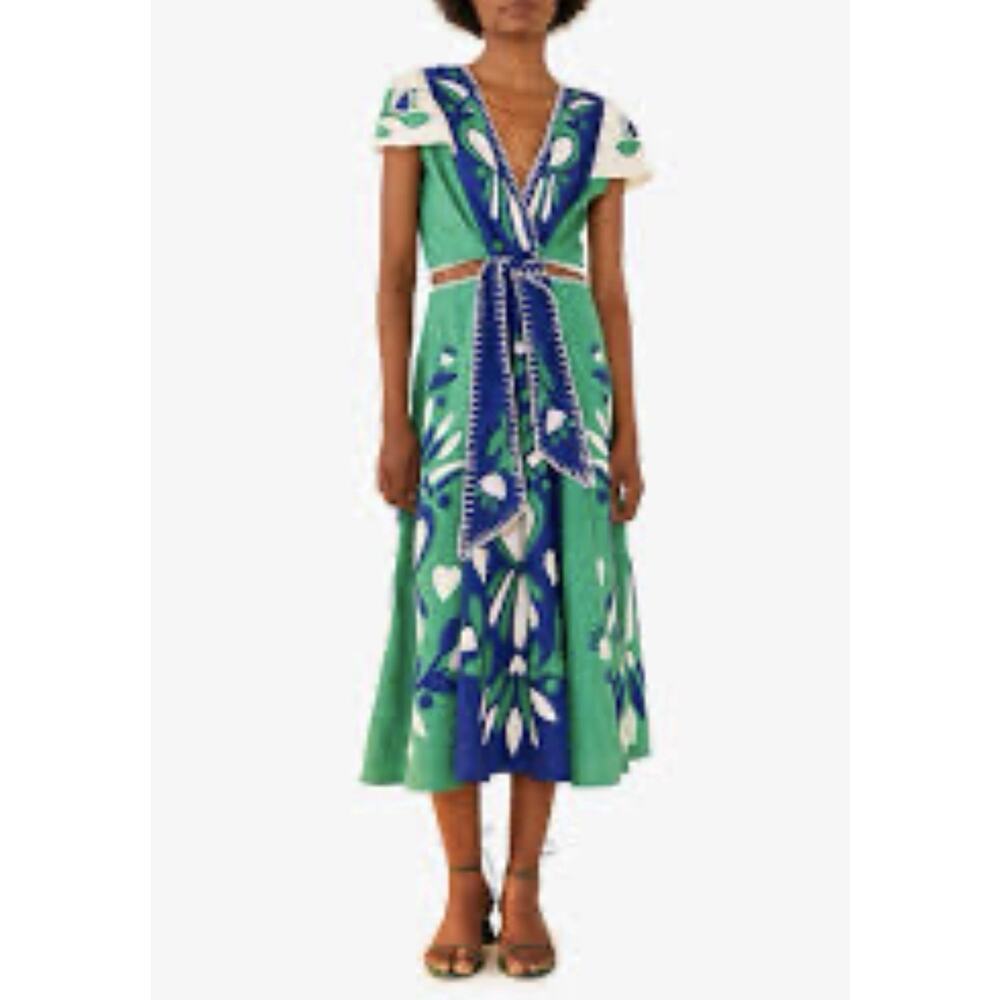 FARM RIO SOFT GARDEN BLUE GREEN FLORAL MIDI DRESS BELTED LINEN BLEND XL - Picture 3 of 10